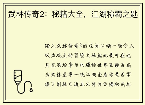 武林传奇2：秘籍大全，江湖称霸之匙